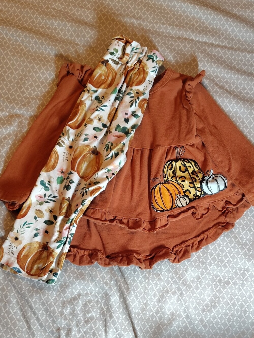 Rust Pumpkin Ruffle Tunic with Pumpkin Print Leggings